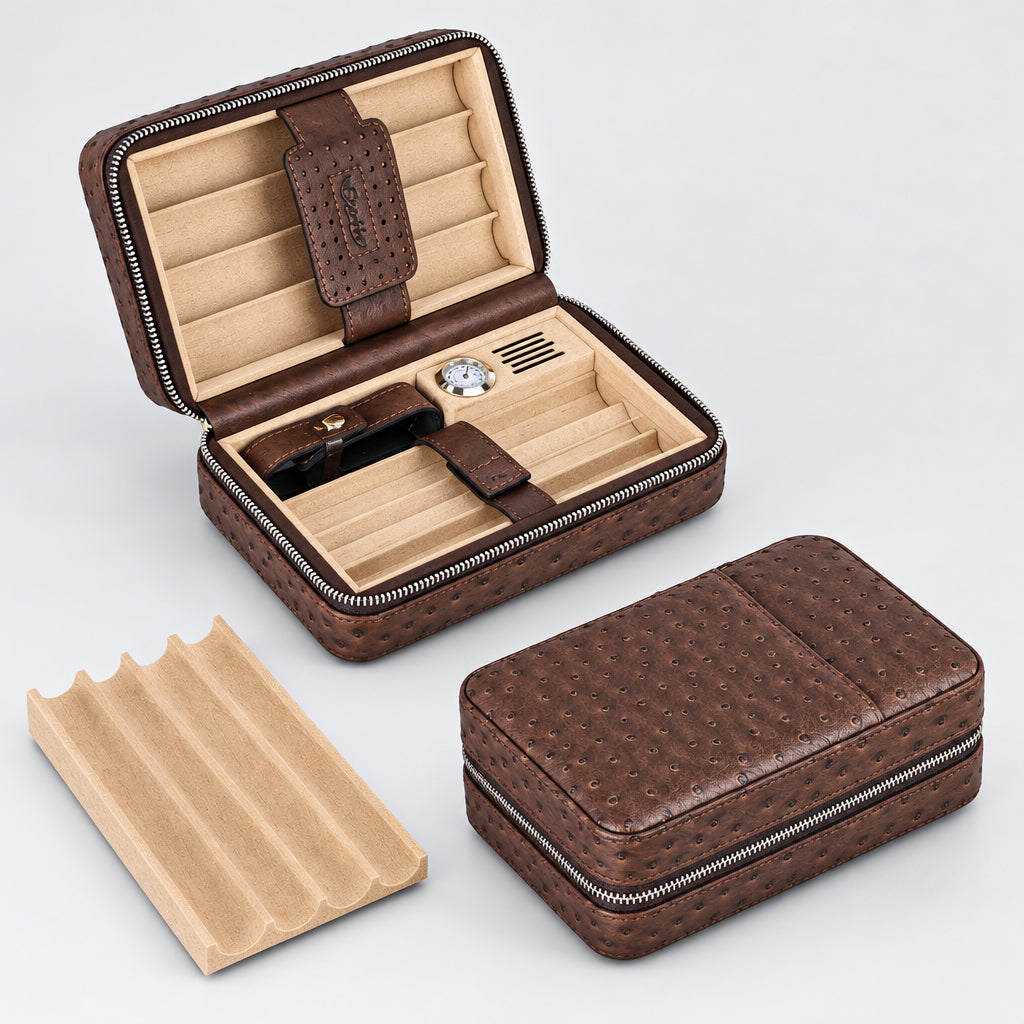 Cigar Humidor Box, Cigar Lighter Cedar Wood Lined Leather Cigar Case Built in Hygrometer & Humidifier, Torch Lighter with Cigar Holder Cigar Punch Portable Travel Cigar Humidor Kit(No Butane)