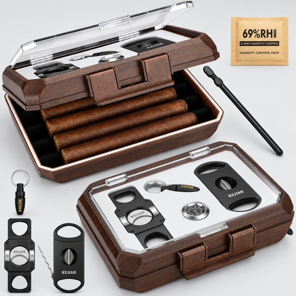 Travel Cigar Humidor Case Portable Cigar Box with Cigar Cutter V Cut,Cigar Cutter Straight Cut,Cigar Punch,Humidity Control Pack