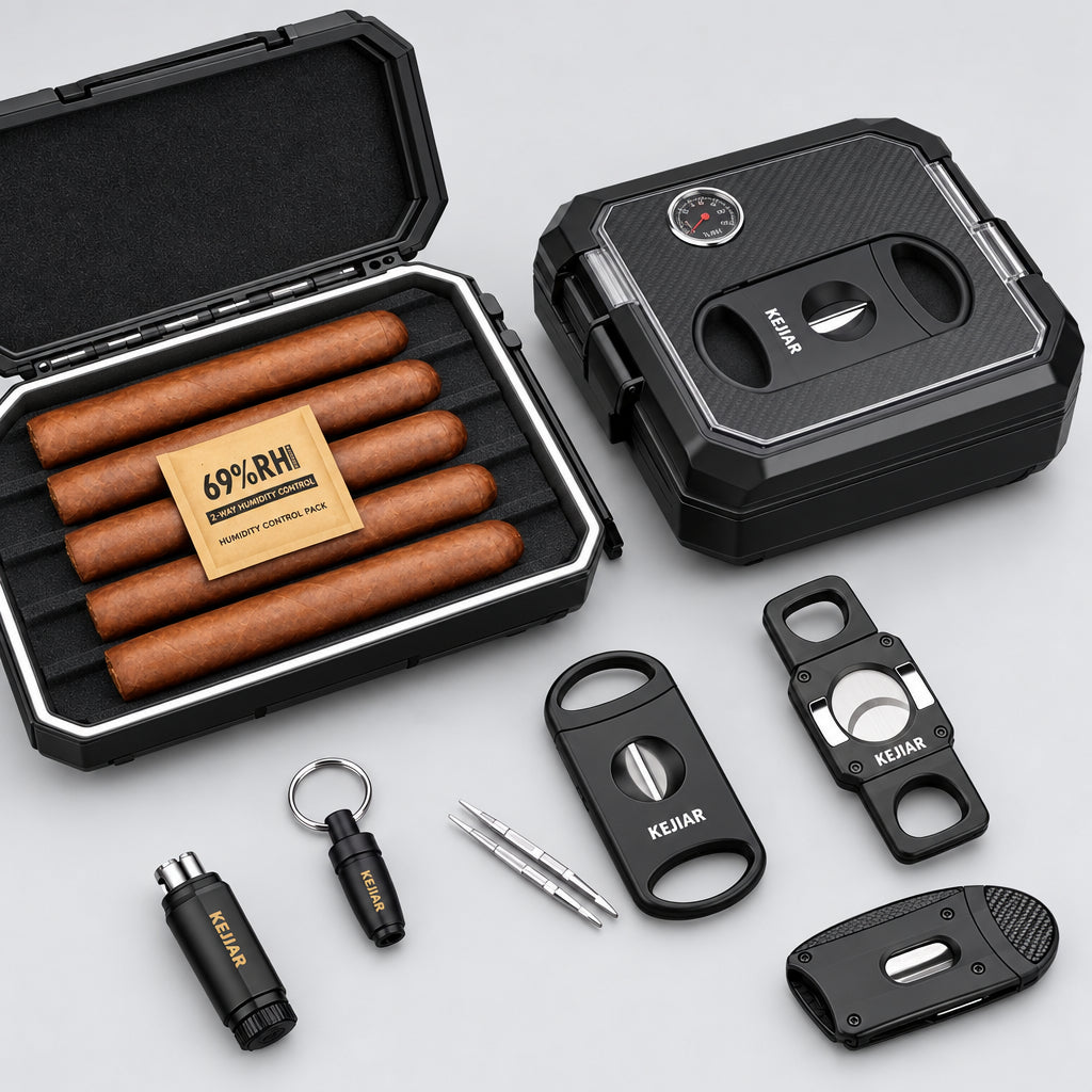 Travel Cigar Humidor Case Portable Cigar Box with Cigar Cutter V Cut,Cigar Cutter Straight Cut,Cigar Punch,Humidity Control Pack