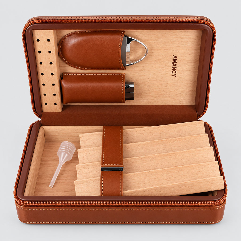 Elegant Handmade Brown Leather Cedar Wood Lined 4 Cigar Humidor Case with 3 Triple Jet Flame Cigar Lighter and Cutter，Suitable for Holding Big and Fat Cigars