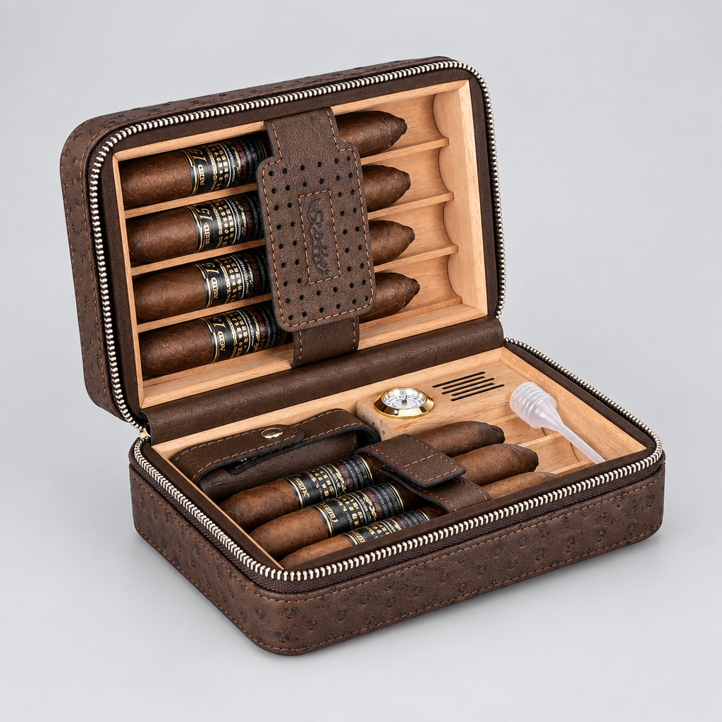 Cigar Humidor Box, Cigar Lighter Cedar Wood Lined Leather Cigar Case Built in Hygrometer & Humidifier, Torch Lighter with Cigar Holder Cigar Punch Portable Travel Cigar Humidor Kit(No Butane)