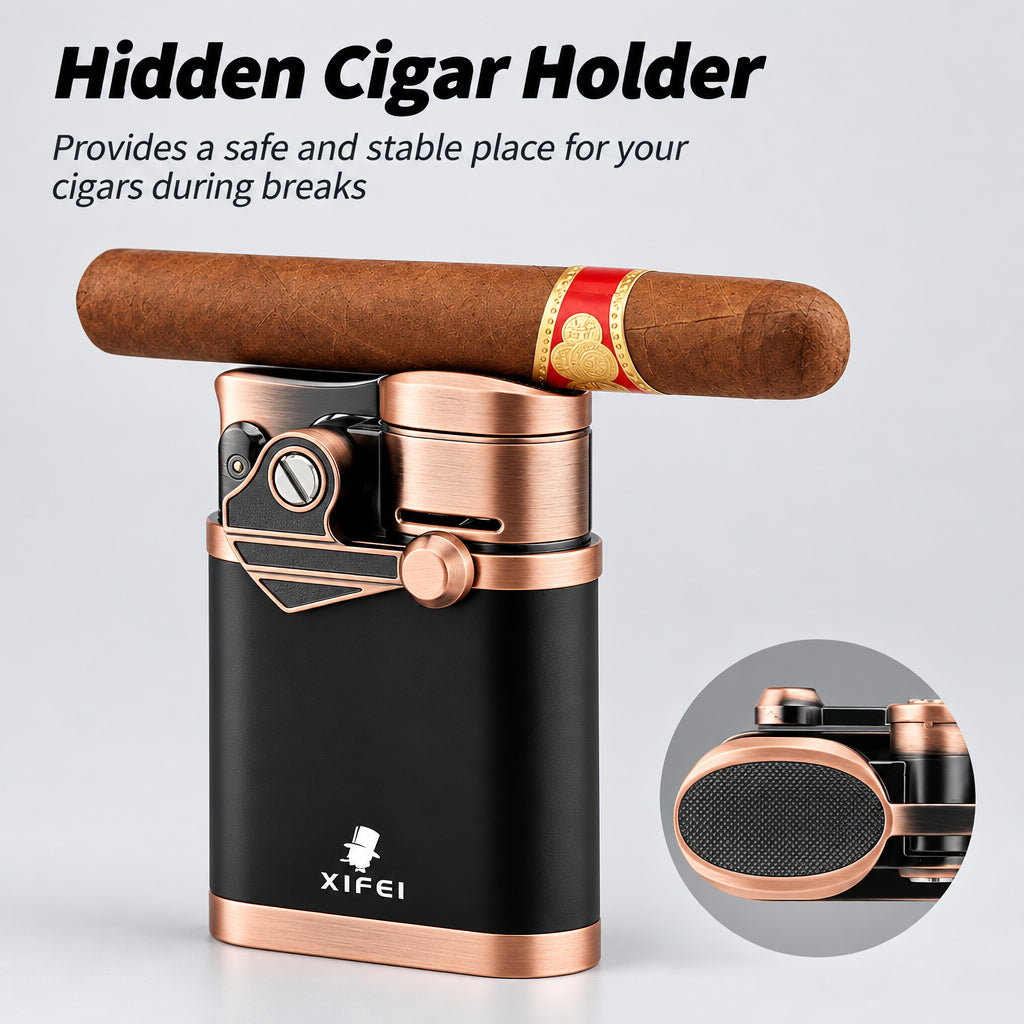 Cigar Lighter 4 Jet Flame Torch Lighter with Cigar Holder, Windproof Rocker Arm Butane Lighter Adjustable Flame