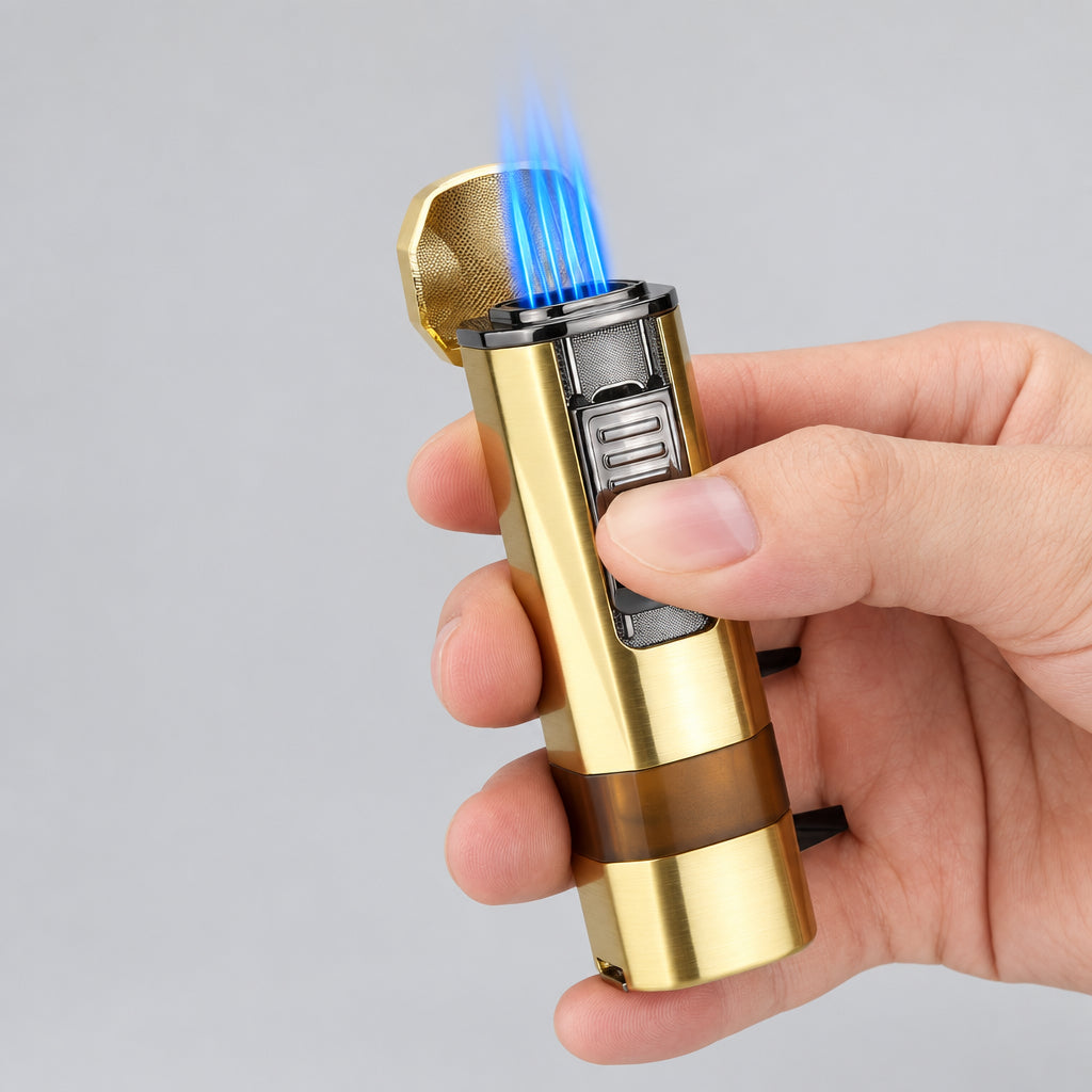 Cigar Lighter Four Jet Flame Torch Lighter, Cigar Punch and Holder,Windproof Mutifuctional Refillable Butane Lighter, Delicate Box Gift for Men Husband on Birthday Gold, without Butane