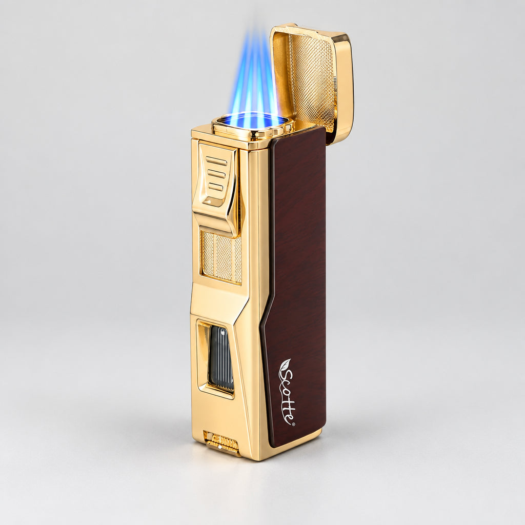 Cigar Humidor Box, Cigar Lighter Cedar Wood Lined Leather Cigar Case Built in Hygrometer & Humidifier, Torch Lighter with Cigar Holder Cigar Punch Portable Travel Cigar Humidor Kit(No Butane)