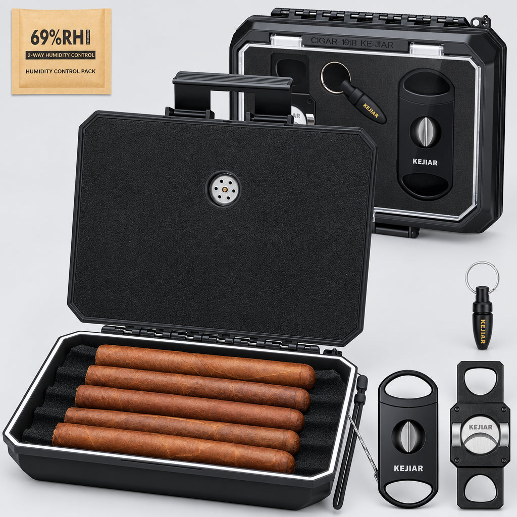 Travel Cigar Humidor Case Portable Cigar Box with Cigar Cutter V Cut,Cigar Cutter Straight Cut,Cigar Punch,Humidity Control Pack