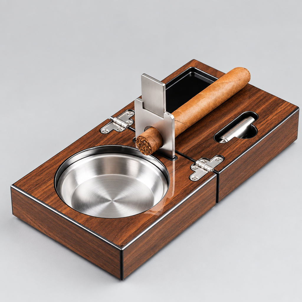 Cigar Cigarette Ashtray Smoking Accessories Solid Walnut Wood Luxury Foldable Ash Tray Include Cigar Cutter Holder Hole Opener