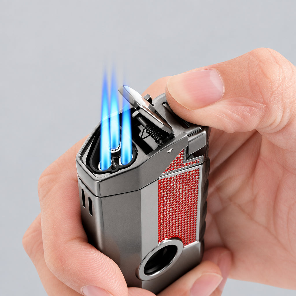 Lighter, Windproof Lighter,For Outdoor,Windproof Triple Jet Flame Torch Lighter with Holder, Refillable and Adjustable Flame Butane Torch Lighter, Premium Gift for Men（Without Butane）