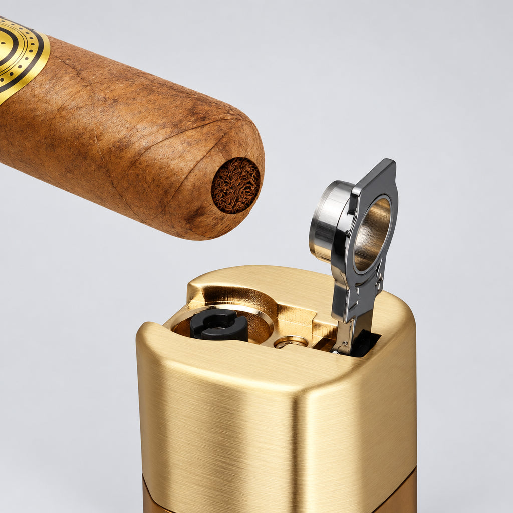 Cigar Lighter Four Jet Flame Torch Lighter, Cigar Punch and Holder,Windproof Mutifuctional Refillable Butane Lighter, Delicate Box Gift for Men Husband on Birthday Gold, without Butane