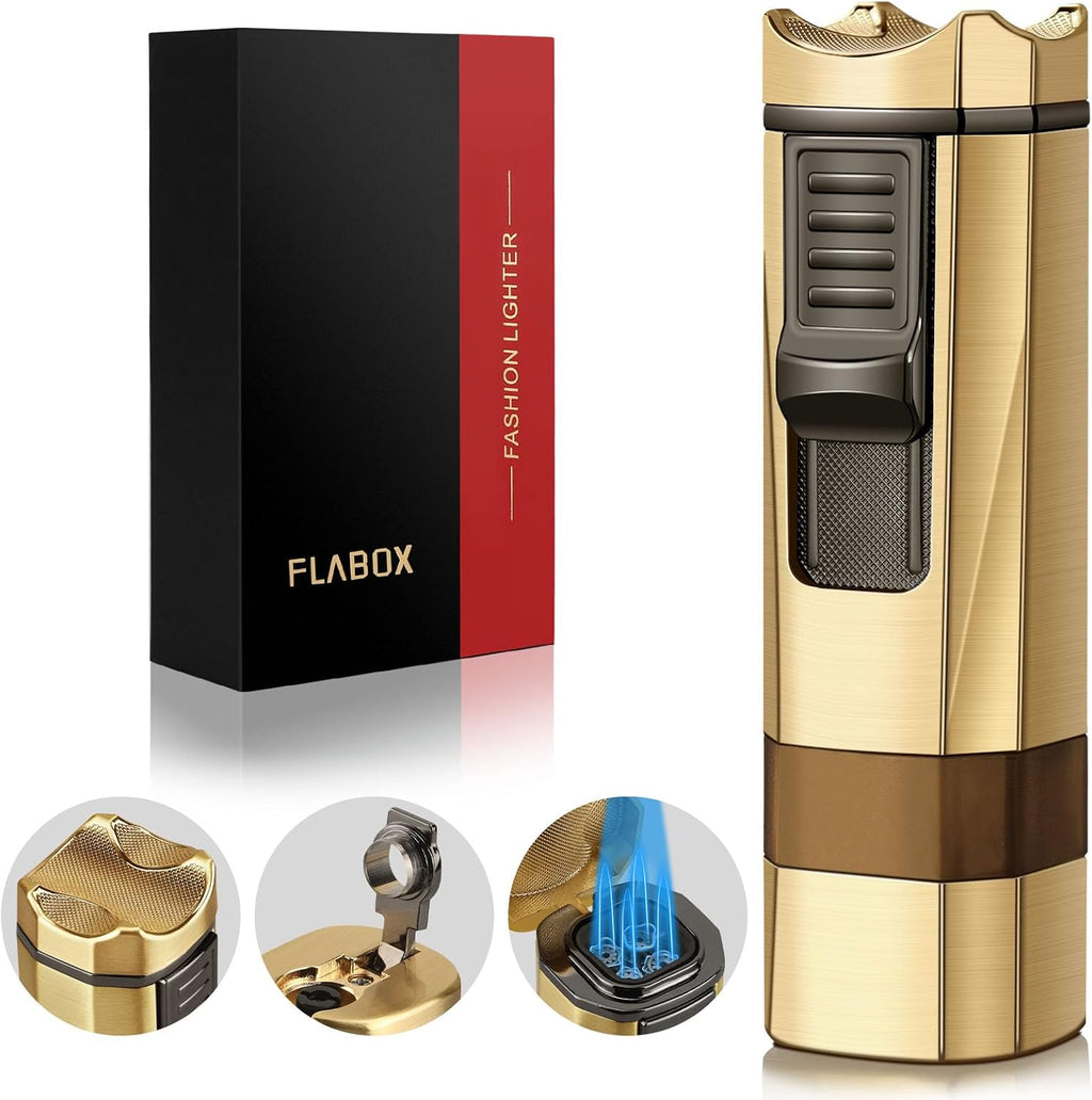 Cigar Lighter Four Jet Flame Torch Lighter, Cigar Punch and Holder,Windproof Mutifuctional Refillable Butane Lighter, Delicate Box Gift for Men Husband on Birthday Gold, without Butane