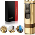 Cigar Lighter Four Jet Flame Torch Lighter, Cigar Punch and Holder,Windproof Mutifuctional Refillable Butane Lighter, Delicate Box Gift for Men Husband on Birthday Gold, without Butane