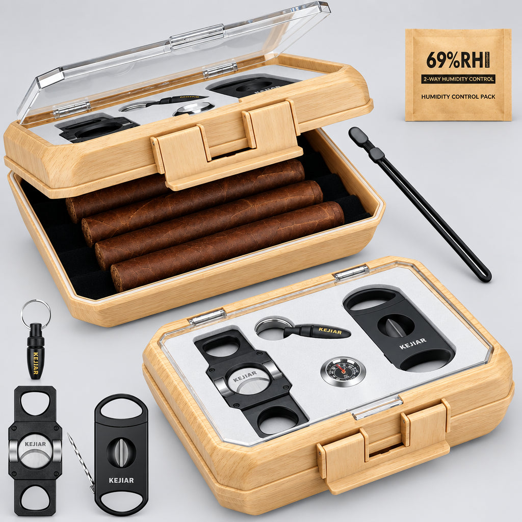 Travel Cigar Humidor Case Portable Cigar Box with Cigar Cutter V Cut,Cigar Cutter Straight Cut,Cigar Punch,Humidity Control Pack