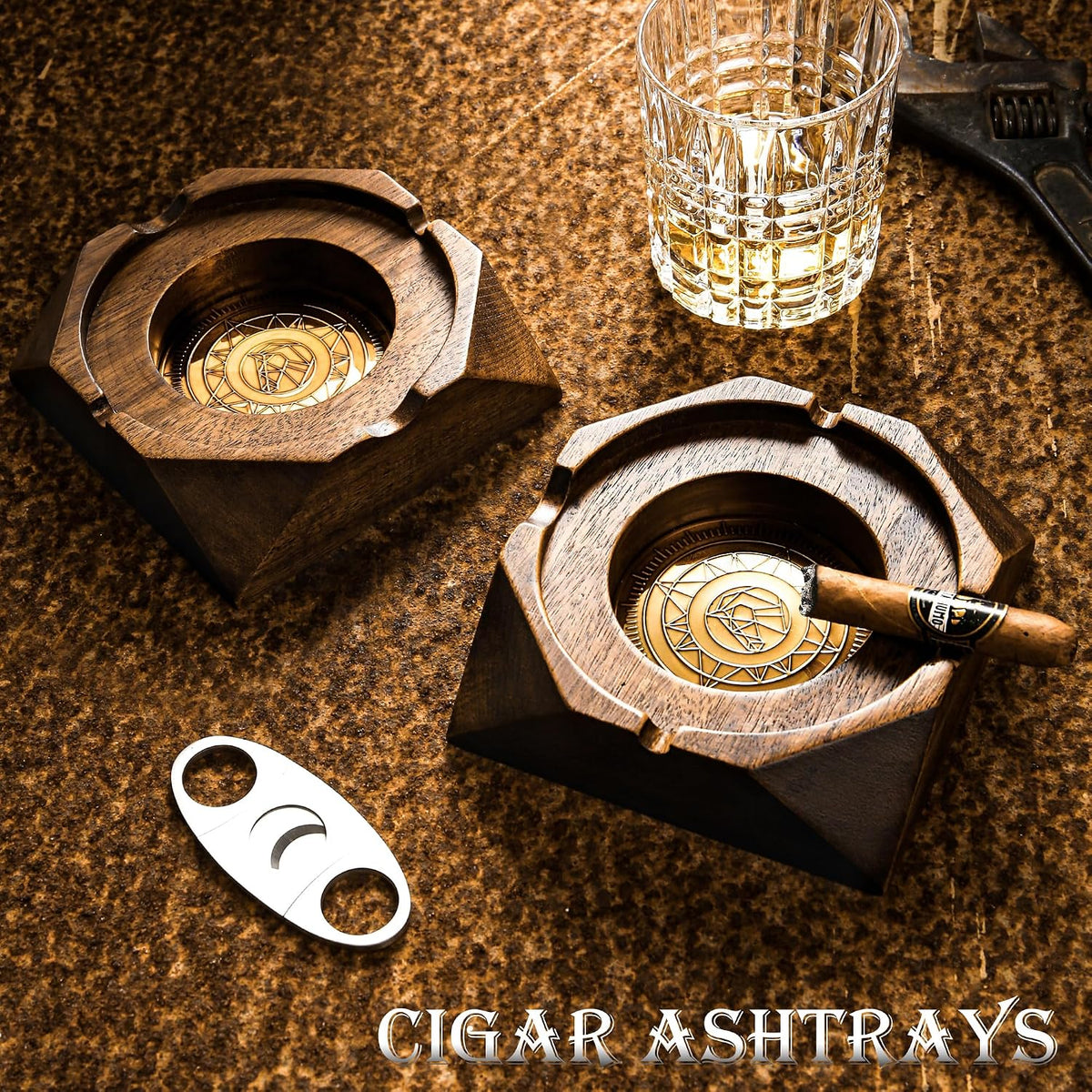 Wooden Cigar Ashtray Accessories for Cigarettes - Indoor Outdoor Patio Home Office Use - Quadrangular Wooden Brown Ash Tray Gift Set for Men Great Decor for Home Office or Bar