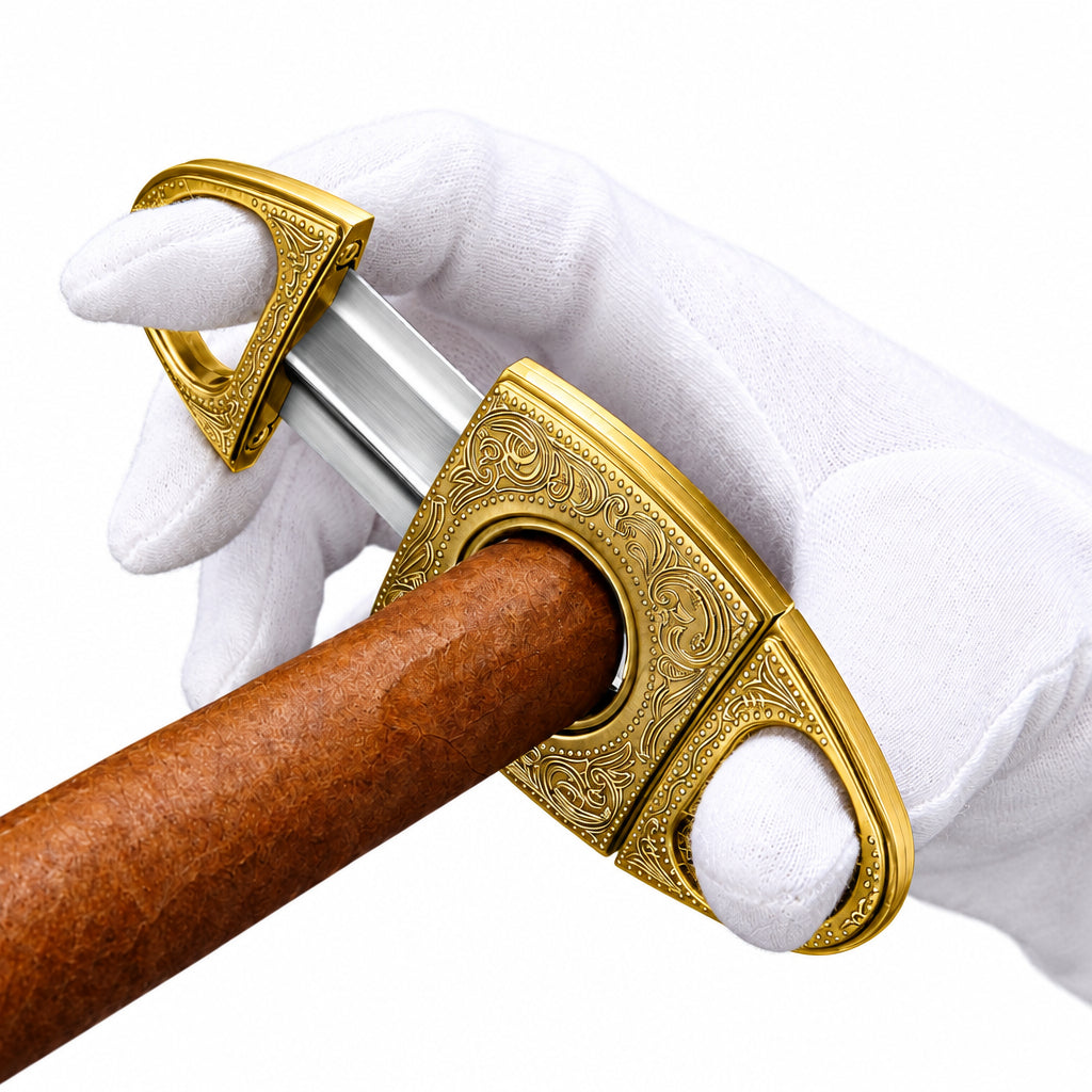 Cigar Cutter Stainless Steel Bronze Engraved V Cut Blade Cigar Guillotine(Gold)