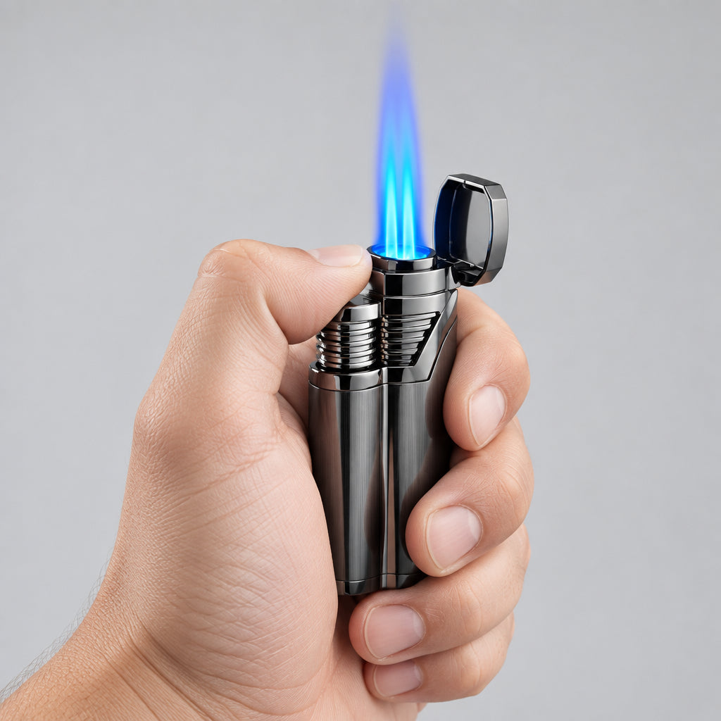 Cigar Torch Lighter, Double Jet, Windproof, with Cigar Punch (Grey)