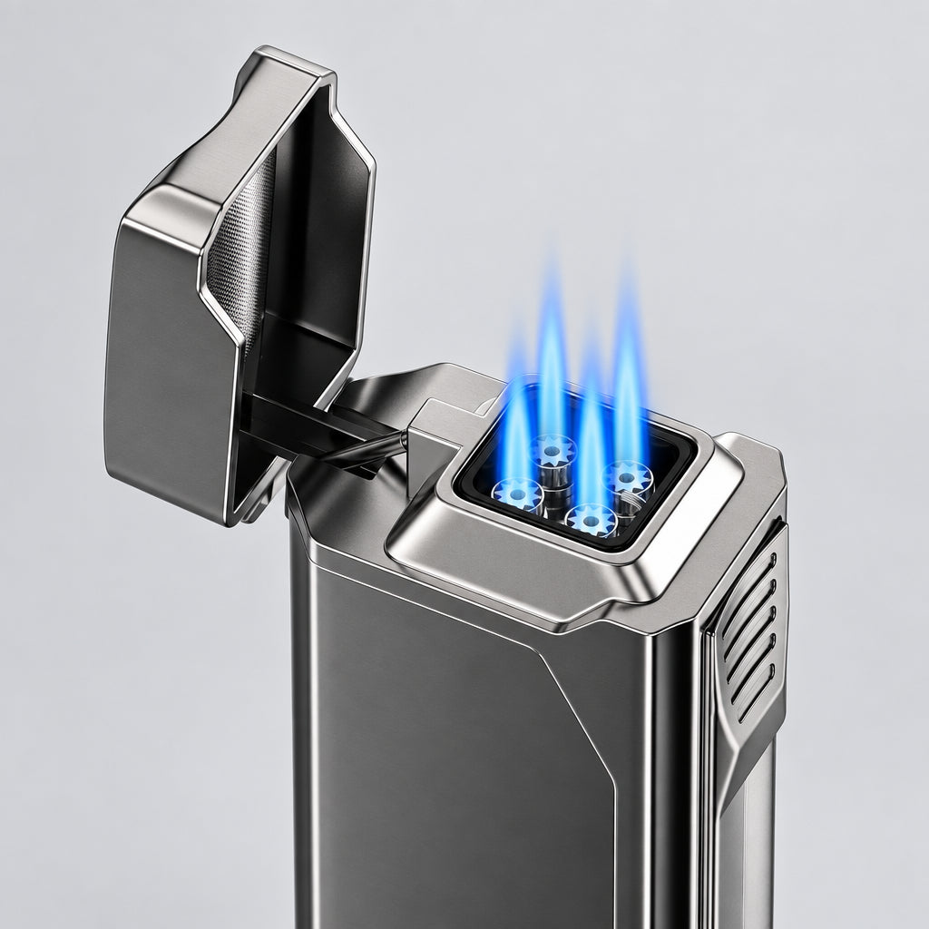 Cigar Torch Lighter, 4 Jet Flame Cigar Lighter with Cigar Cutter V Cut Cigar Accessories Cigar Holder Cigar Punch Cigar Draw Enhancer, Windproof Refillable Butane Lighter, Cigar Gifts for Men