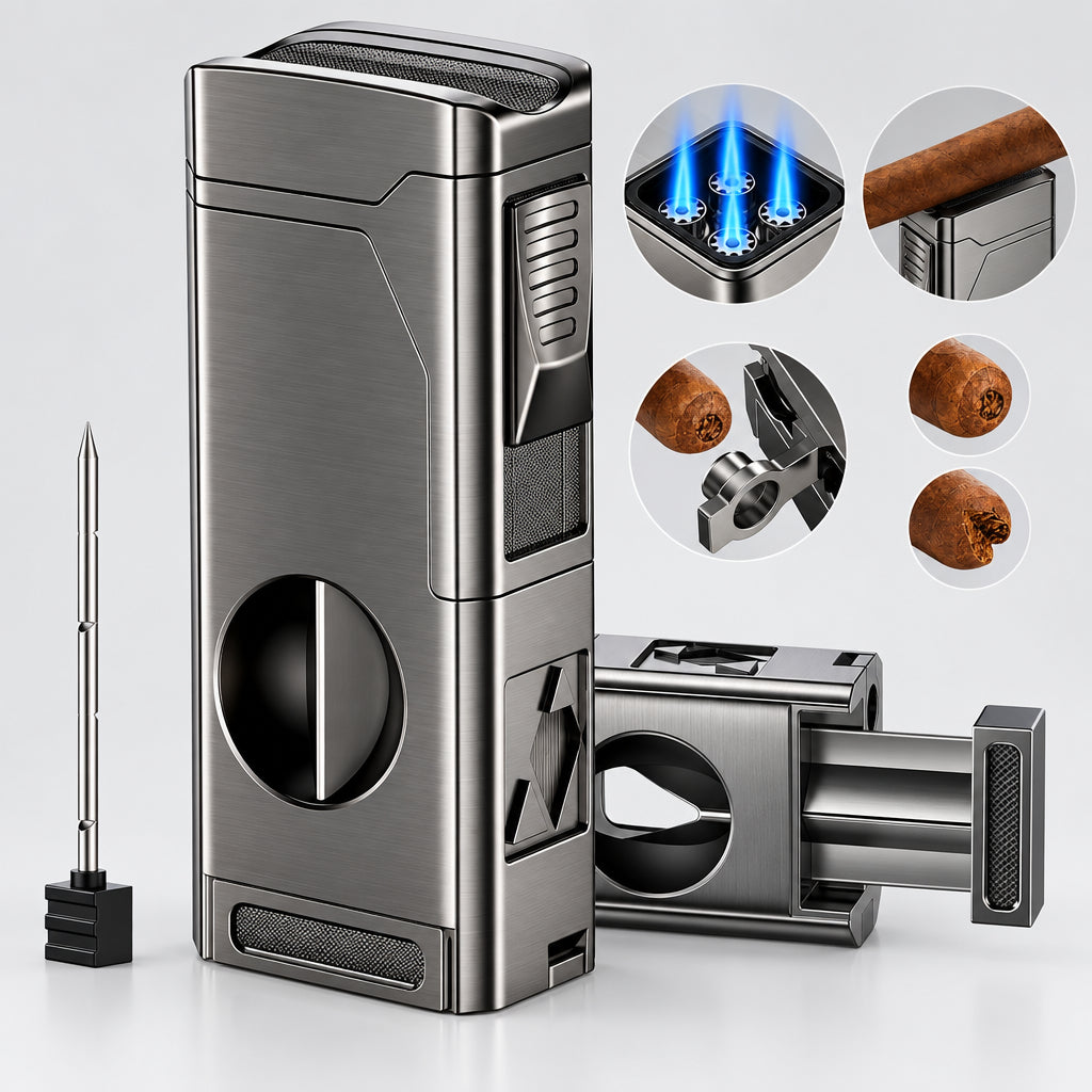 Cigar Torch Lighter, 4 Jet Flame Cigar Lighter with Cigar Cutter V Cut Cigar Accessories Cigar Holder Cigar Punch Cigar Draw Enhancer, Windproof Refillable Butane Lighter, Cigar Gifts for Men
