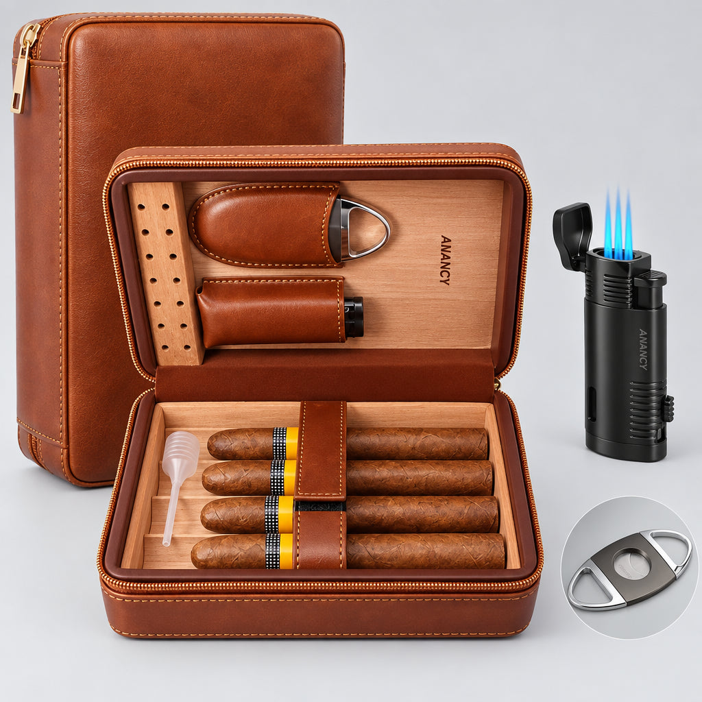 Elegant Handmade Brown Leather Cedar Wood Lined 4 Cigar Humidor Case with 3 Triple Jet Flame Cigar Lighter and Cutter，Suitable for Holding Big and Fat Cigars