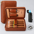 Elegant Handmade Brown Leather Cedar Wood Lined 4 Cigar Humidor Case with 3 Triple Jet Flame Cigar Lighter and Cutter，Suitable for Holding Big and Fat Cigars