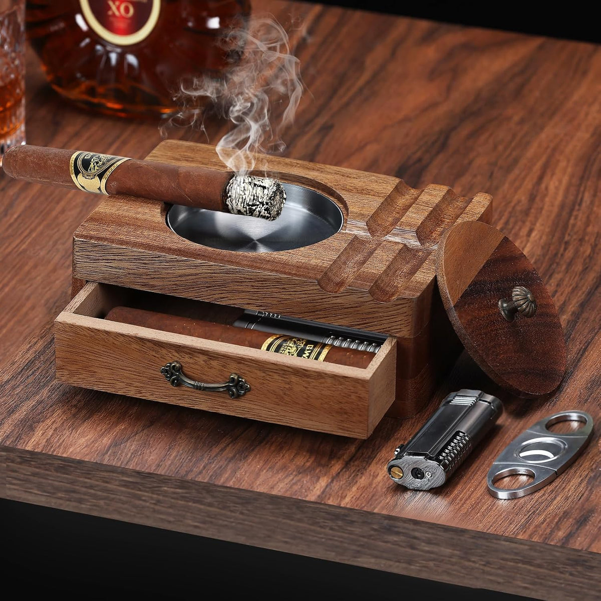 Cigar Ashtray Wooden Box - Windproof Lid, Stainless Steel Removable Bowl, Cigar Holder & Drawer Organizer - Vintage Outdoor Ashtray Gift for Men, Patio, Porch, Home Bar