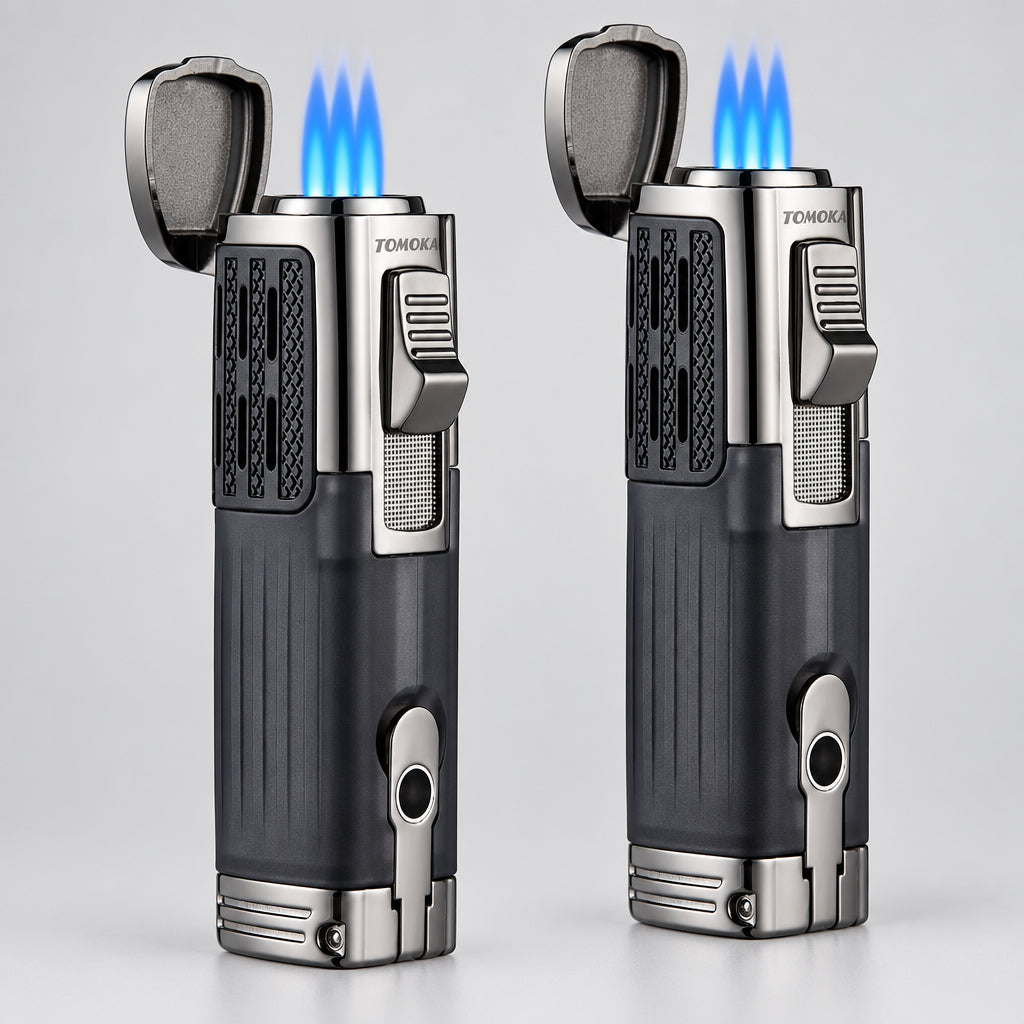Cigar Lighter Triple Jet Flame Torch Lighter Refillable Butane Lighter with Cigar Punch, 2 Pack, Charcoal