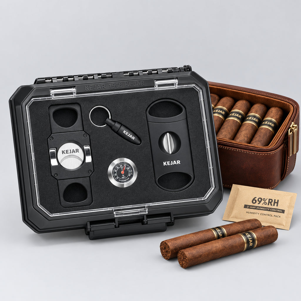 Travel Cigar Humidor Case Portable Cigar Box with Cigar Cutter V Cut,Cigar Cutter Straight Cut,Cigar Punch,Humidity Control Pack