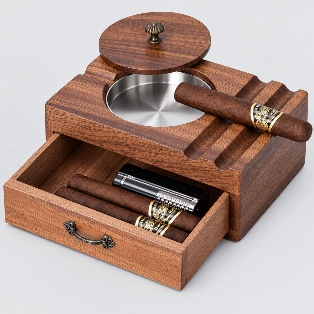 Cigar Ashtray Wooden Box - Windproof Lid, Stainless Steel Removable Bowl, Cigar Holder & Drawer Organizer - Vintage Outdoor Ashtray Gift for Men, Patio, Porch, Home Bar
