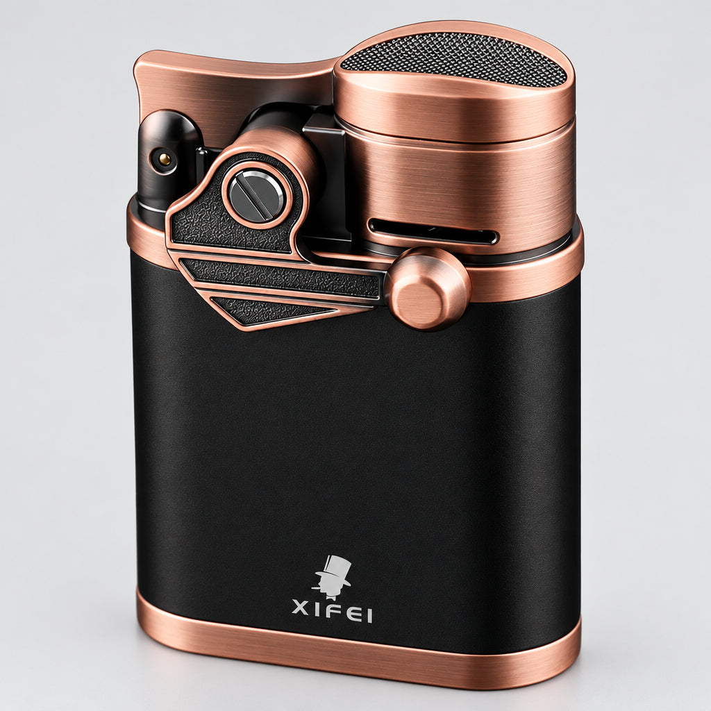 Cigar Lighter 4 Jet Flame Torch Lighter with Cigar Holder, Windproof Rocker Arm Butane Lighter Adjustable Flame