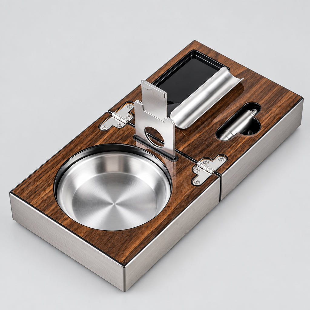 Cigar Cigarette Ashtray Smoking Accessories Solid Walnut Wood Luxury Foldable Ash Tray Include Cigar Cutter Holder Hole Opener