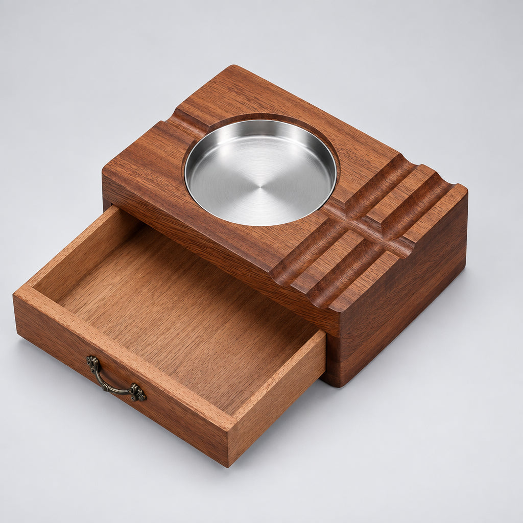 Cigar Ashtray Wooden Box - Windproof Lid, Stainless Steel Removable Bowl, Cigar Holder & Drawer Organizer - Vintage Outdoor Ashtray Gift for Men, Patio, Porch, Home Bar