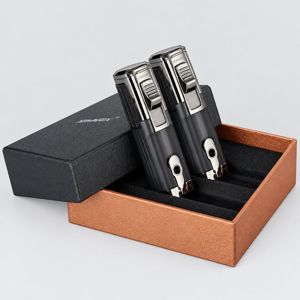 Cigar Lighter Triple Jet Flame Torch Lighter Refillable Butane Lighter with Cigar Punch, 2 Pack, Charcoal