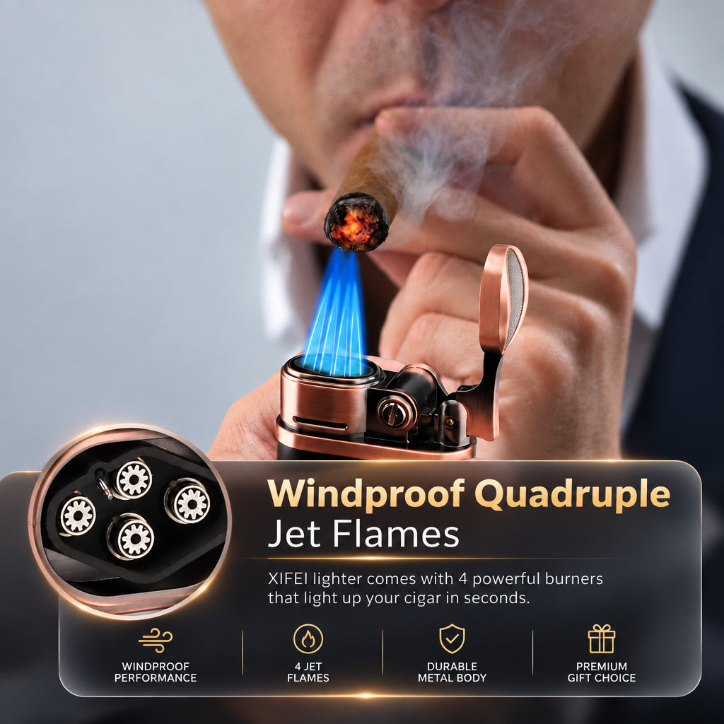 Cigar Lighter 4 Jet Flame Torch Lighter with Cigar Holder, Windproof Rocker Arm Butane Lighter Adjustable Flame