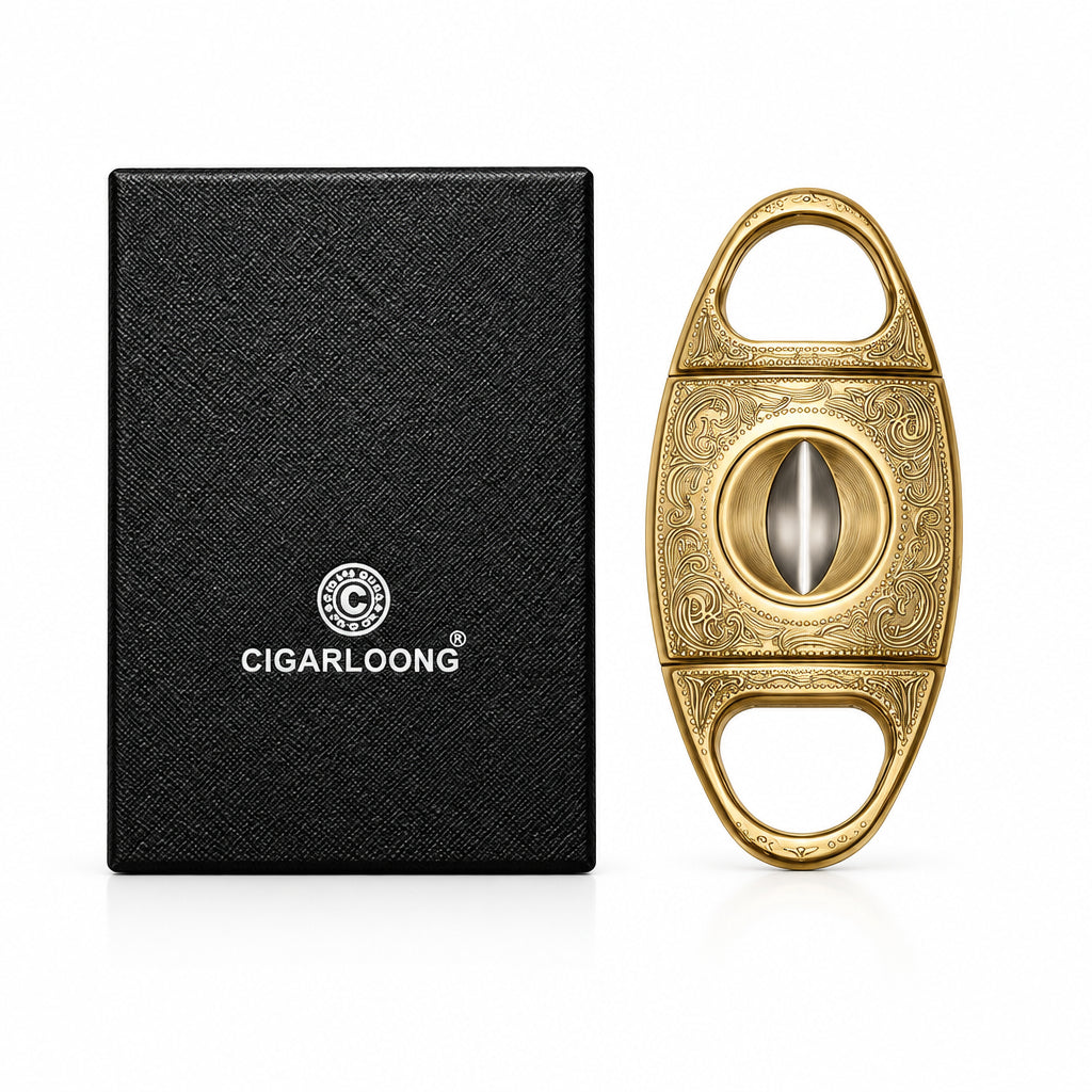 Cigar Cutter Stainless Steel Bronze Engraved V Cut Blade Cigar Guillotine(Gold)