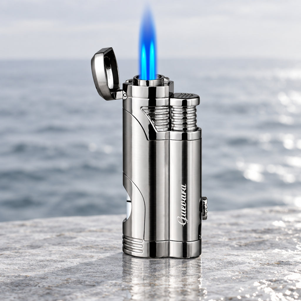 Cigar Torch Lighter, Double Jet, Windproof, with Cigar Punch (Grey)