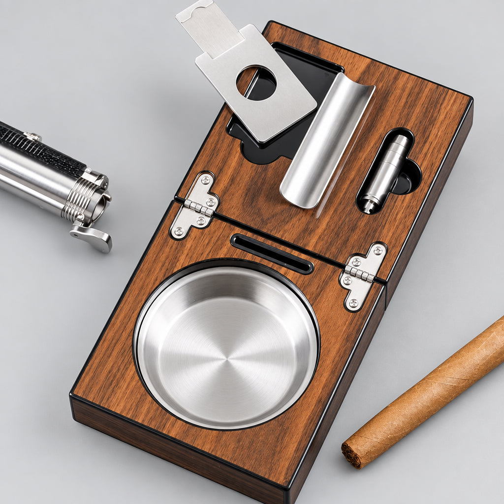 Cigar Cigarette Ashtray Smoking Accessories Solid Walnut Wood Luxury Foldable Ash Tray Include Cigar Cutter Holder Hole Opener