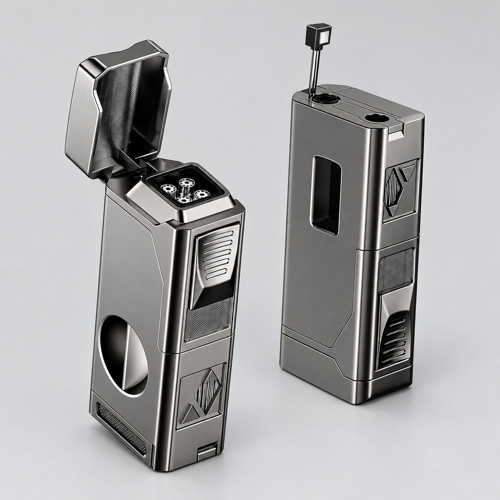 Cigar Torch Lighter, 4 Jet Flame Cigar Lighter with Cigar Cutter V Cut Cigar Accessories Cigar Holder Cigar Punch Cigar Draw Enhancer, Windproof Refillable Butane Lighter, Cigar Gifts for Men
