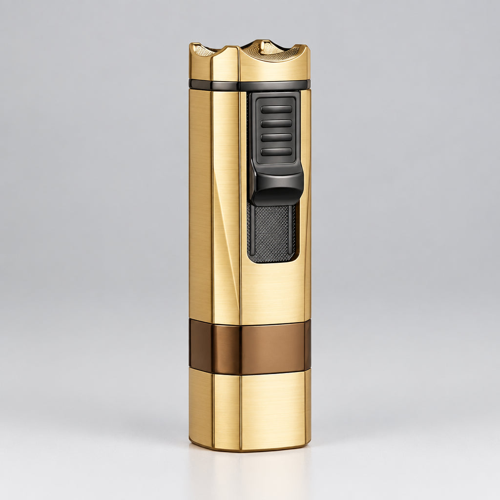 Cigar Lighter Four Jet Flame Torch Lighter, Cigar Punch and Holder,Windproof Mutifuctional Refillable Butane Lighter, Delicate Box Gift for Men Husband on Birthday Gold, without Butane