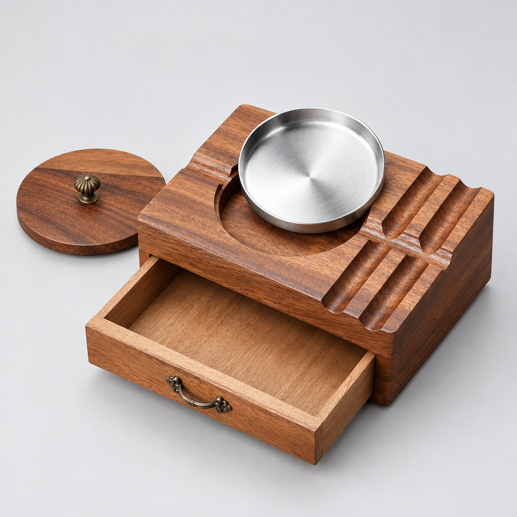 Cigar Ashtray Wooden Box - Windproof Lid, Stainless Steel Removable Bowl, Cigar Holder & Drawer Organizer - Vintage Outdoor Ashtray Gift for Men, Patio, Porch, Home Bar