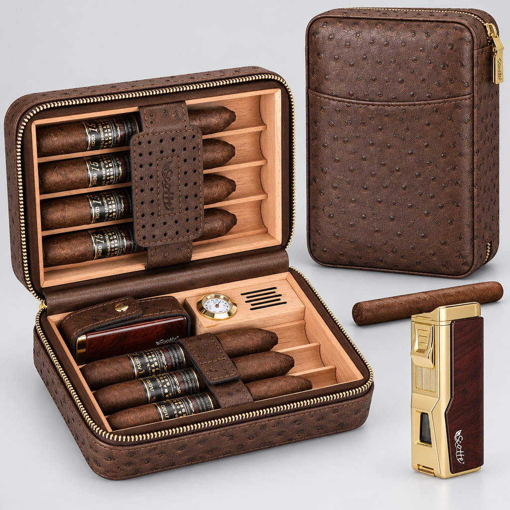Cigar Humidor Box, Cigar Lighter Cedar Wood Lined Leather Cigar Case Built in Hygrometer & Humidifier, Torch Lighter with Cigar Holder Cigar Punch Portable Travel Cigar Humidor Kit(No Butane)